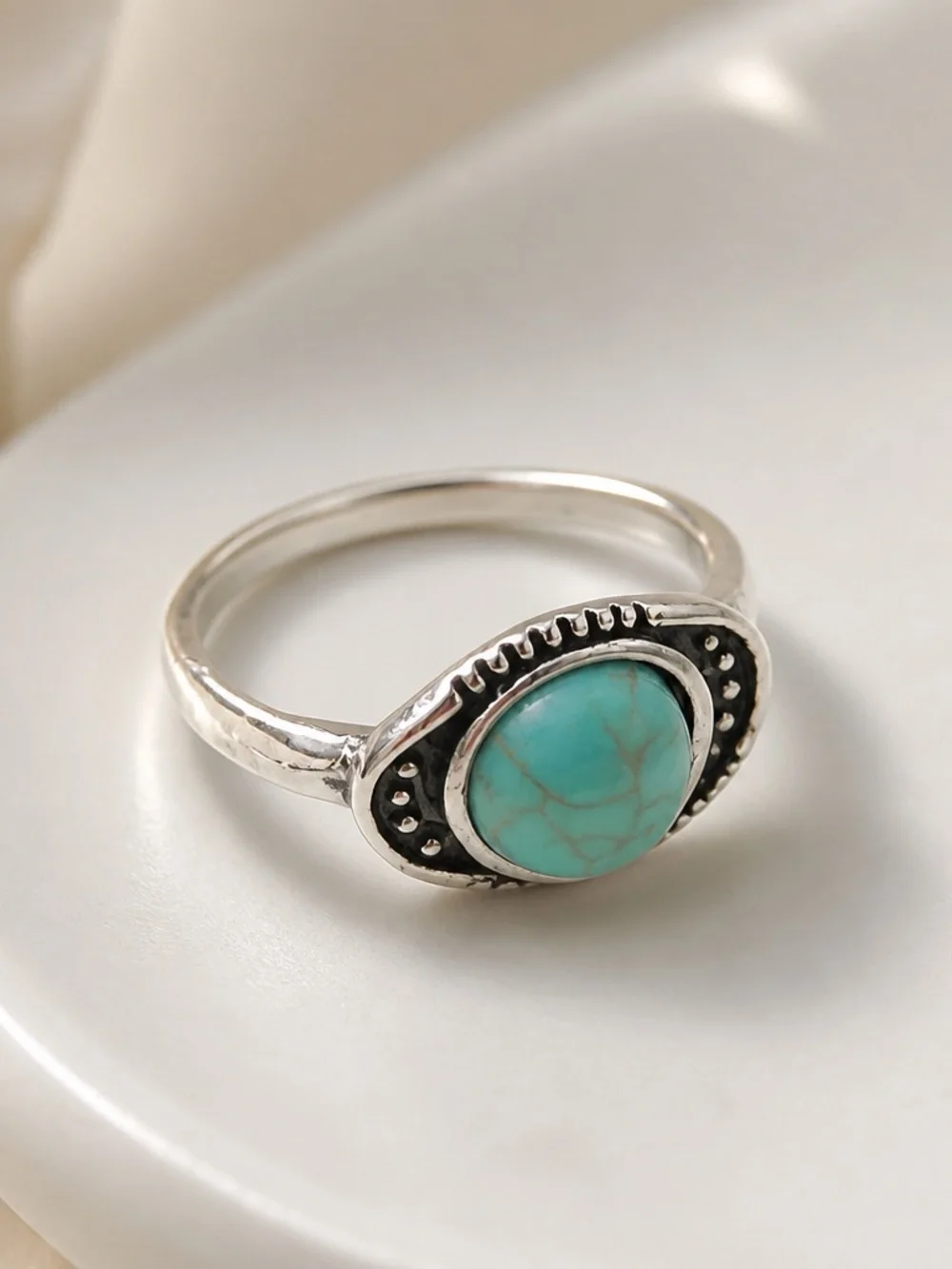 Turquoise Stone Silver-Tone Ladies Ring - Blue Size 8
